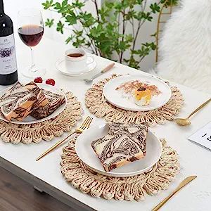 IcosaMro Round Woven Placemats for Dining Table Set of 6, 11 Inch Small Boho Placemats Natural Br... | Amazon (US)