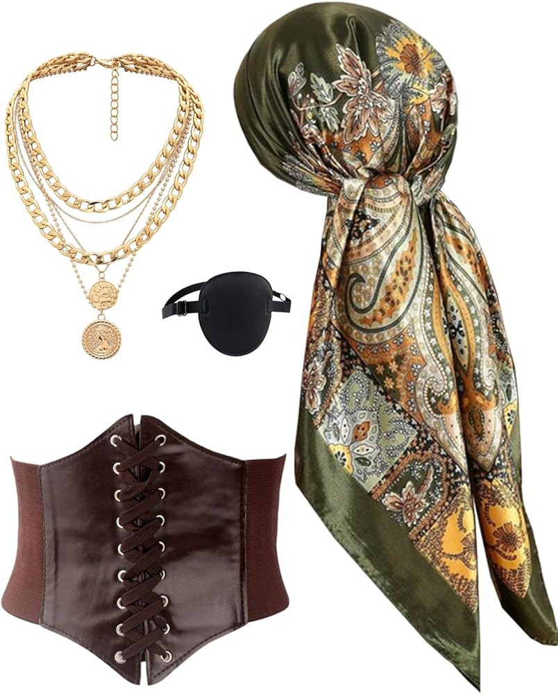 kasahara Pirate Costume Accessories Women Pirate Bandanas Head Scarf Eye Patch Medieval Corset Ne... | Amazon (US)