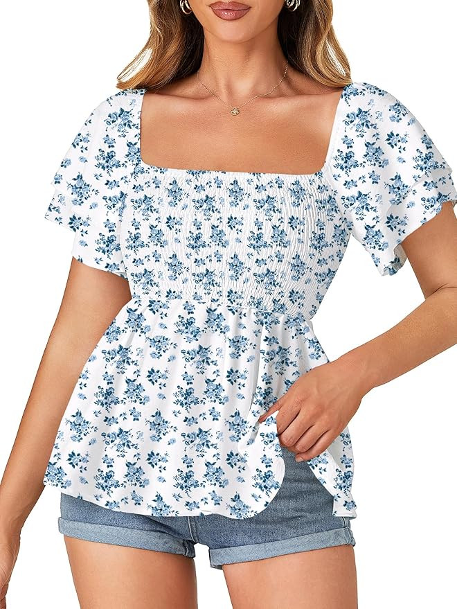 LYANER Women's Square Neck Smocked Peplum Top Ruffle Short Sleeve Babydoll Shirred Blouse | Amazon (US)