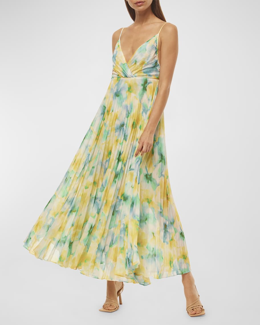 MISA Los Angeles Galeta Tie-Back Floral Pleated Midi Dress | Neiman Marcus