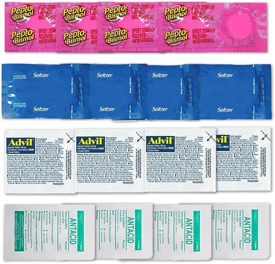 Travel Medicine Kit - 16 Pcs Individually Wrapped Packets of Ibuprofen, Bismol, Sodium Bicarbonat... | Amazon (US)