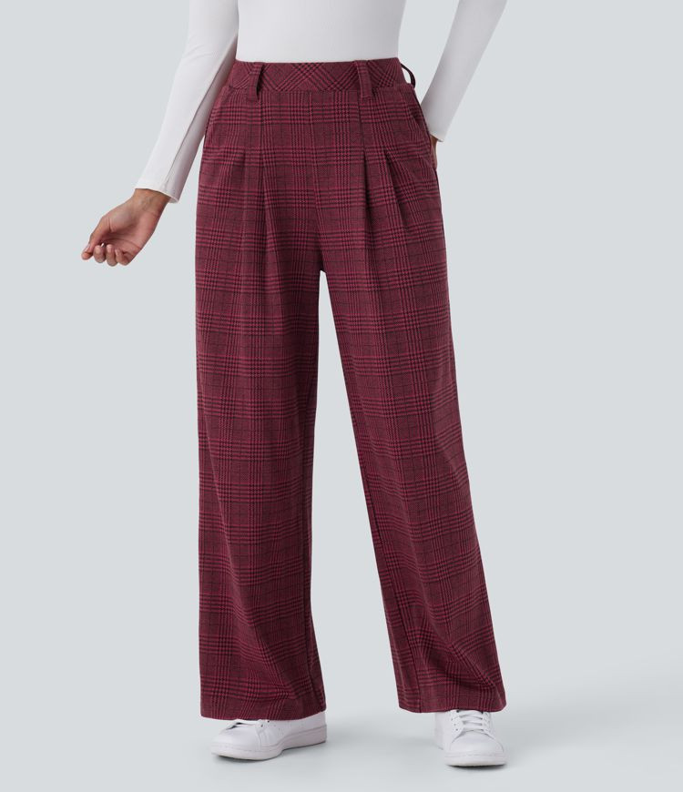 Women’s High Waisted Side Pocket Wide Leg Houndstooth Plaid Casual Pants - Halara | HALARA