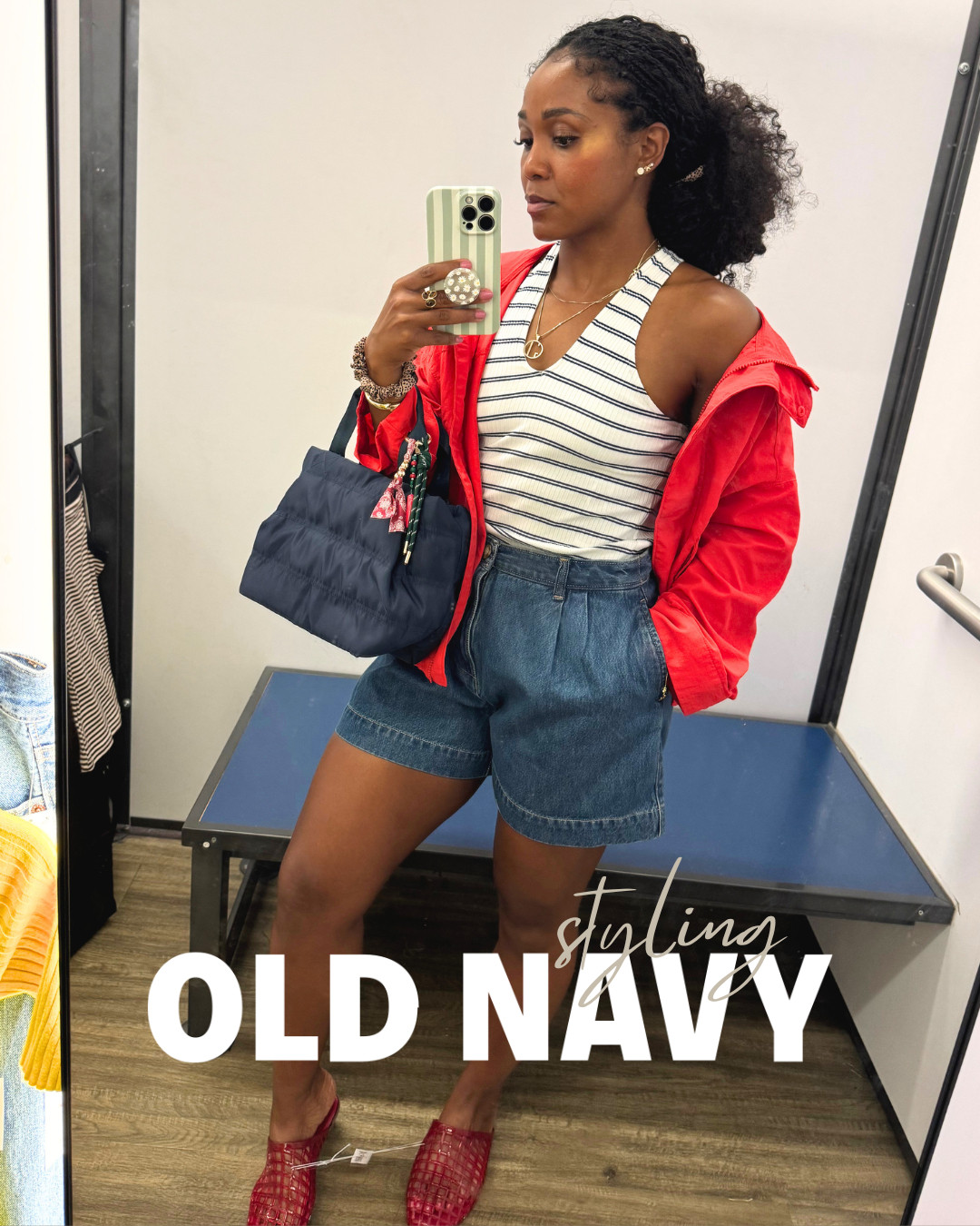 An easy weekend outfit with a pop of color ❤️ Denim shorts, a striped tank, and a lightweight jacket are pieces you'll wear over and over again.

#summerstyle #casualoutfit #oldnavyfinds #ltklooks 

 #LTKdayinmylife #LTKootd