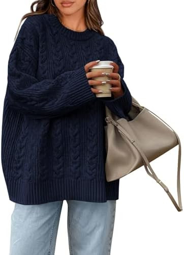 Okiwam Women's Oversized Sweaters Crewneck Cable Knit Pullover Casual Loose Fall Outfits Fashion ... | Amazon (US)