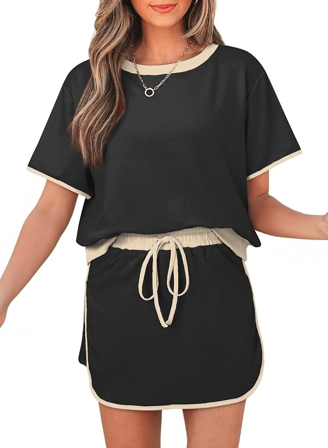 Women's 2 Piece Sets Summer Casual Short Sleeve Tops and Matching Drawstring Skort Going Out Loun... | Amazon (US)