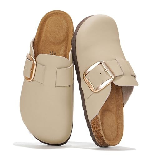 Project Cloud 100% Genuine Leather Clogs for Women Shoes - Memory Foam Insole, Non-Slip & Natural Cork Footbed Arch Support Big Buckle Womens Clogs and Mules Footwear (Manchester, NUDEACT,10) | Amazon (US)