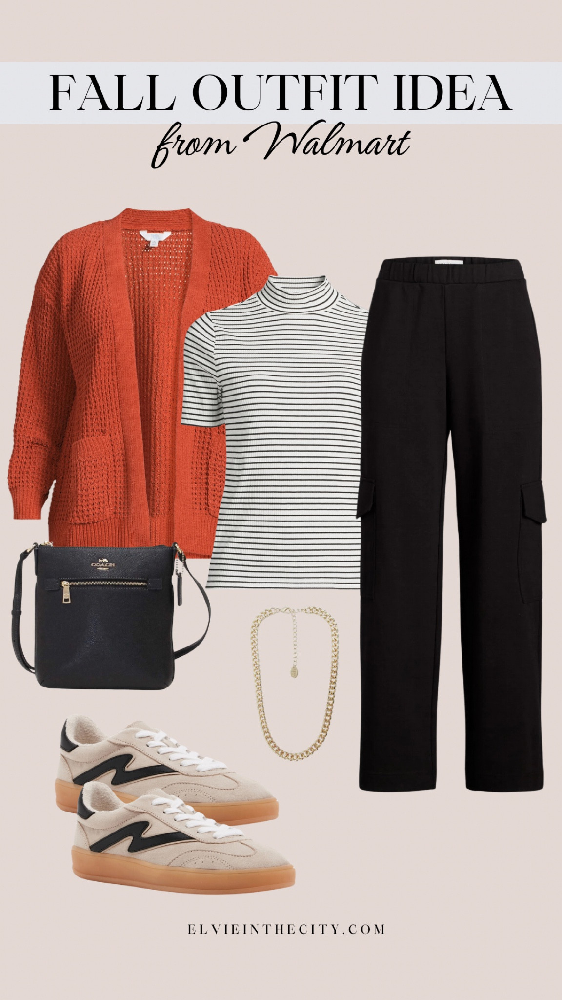 This fall outfit idea from Walmart includes a black and white striped mock neck tee paired with black cargo pants, an orange cardigan, a black crossbody bag, gold necklace, and casual sneakers. 

#walmartpartner
#walmartfashion
@Walmartfashion


Fall outfit, fall shoes, cardigan, fashion over 40, ootd

#LTKFindsUnder50 #LTKOver40 #LTKStyleTip