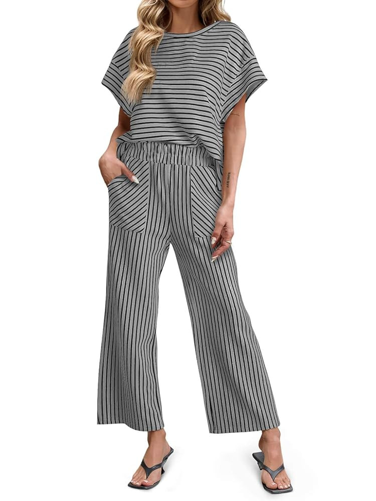 Tankaneo Womens Striped 2 Piece Sets Short Sleeve T Shirts Wide Leg Pants Matching Lounge Set wit... | Amazon (US)
