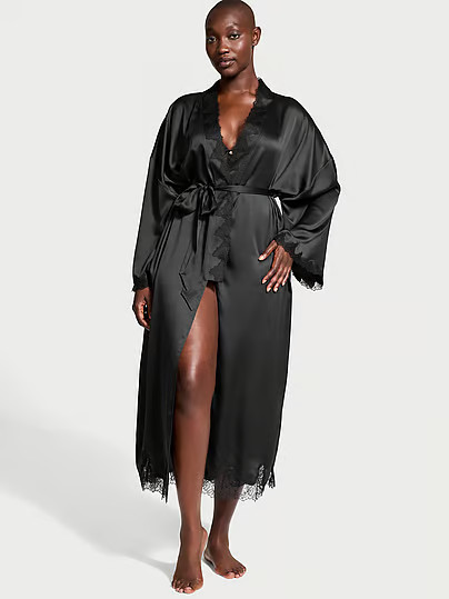 Satin & Rose Lace Open-Back Long Robe, Black, M/L - Women's Robes - Victoria's Secret | Victoria's Secret (US / CA )