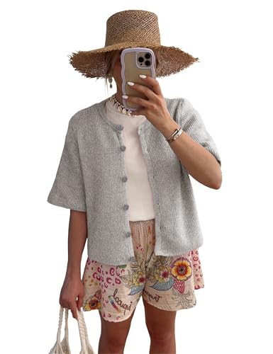 SCUSTY Women's Lightweight Cardigan Short Sleeve Button-Down Summer Cardigan Sweater(Grey-XS) | Amazon (US)