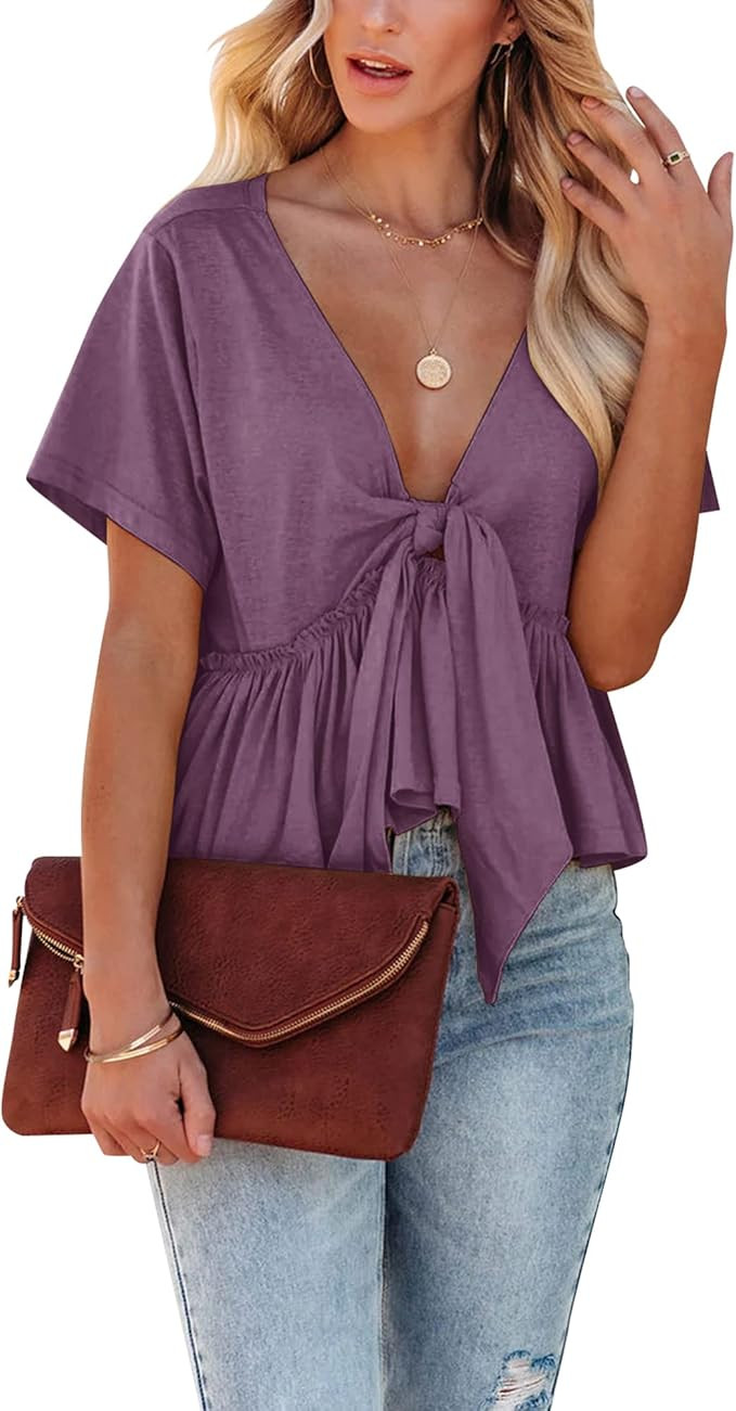 Fanway&EC Women's Short Sleeve V Neck Blouses Ruffle Hem Tie Front Crop Tops Lightweight Basic Su... | Amazon (US)