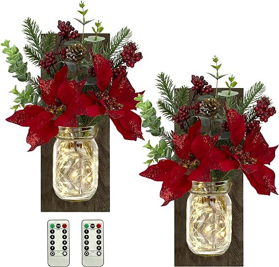 Amazon.com: Set of 2 Remote Controlled LED Mason Jar Sconces, Christmas Wall Decor, Farmhouse Chr... | Amazon (US)