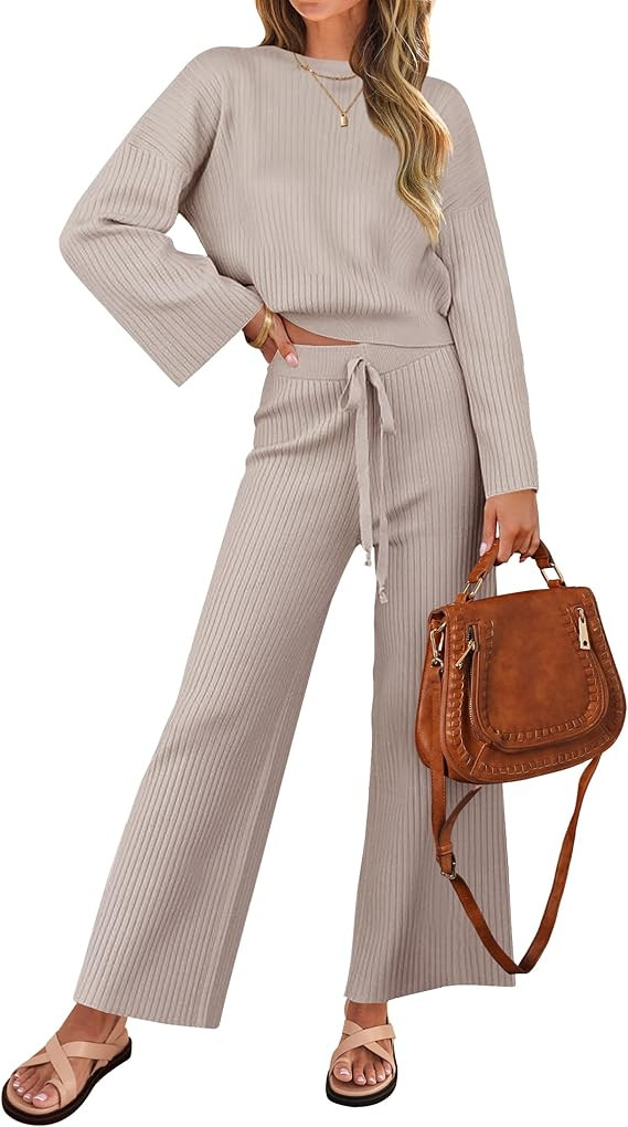ZESICA Women's 2 Piece Outfits Set 2026 Casual Long Sleeve Knit Pullover Top and Wide Leg Pants S... | Amazon (US)