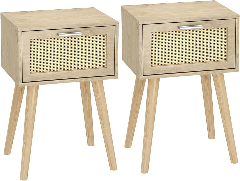 LAATOOREE Nightstand Set of 2, Small End Table with Rattan Door, Boho Bedside Table with Rattan D... | Amazon (US)