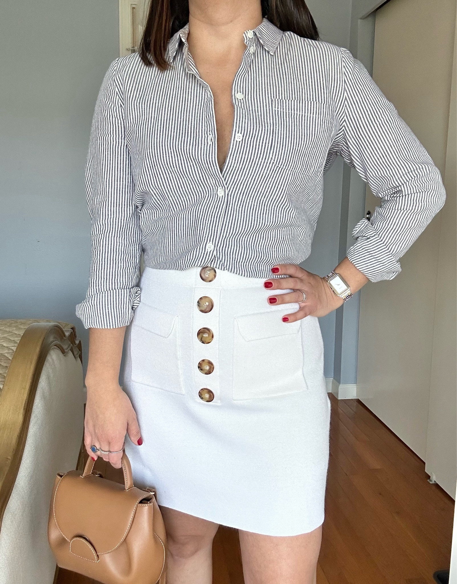 You can never go wrong with these pieces by Sézane. The shirt runs TTS I’m wearing size 36/4US (size up if you want an oversized fit). The skirt is super stretchy and the fabric quality (merino wool + cotton) is top notch. Wearing size S for my 4/6US. Highly recommended! 

#LTKSeasonal #LTKHoliday #LTKGiftGuide