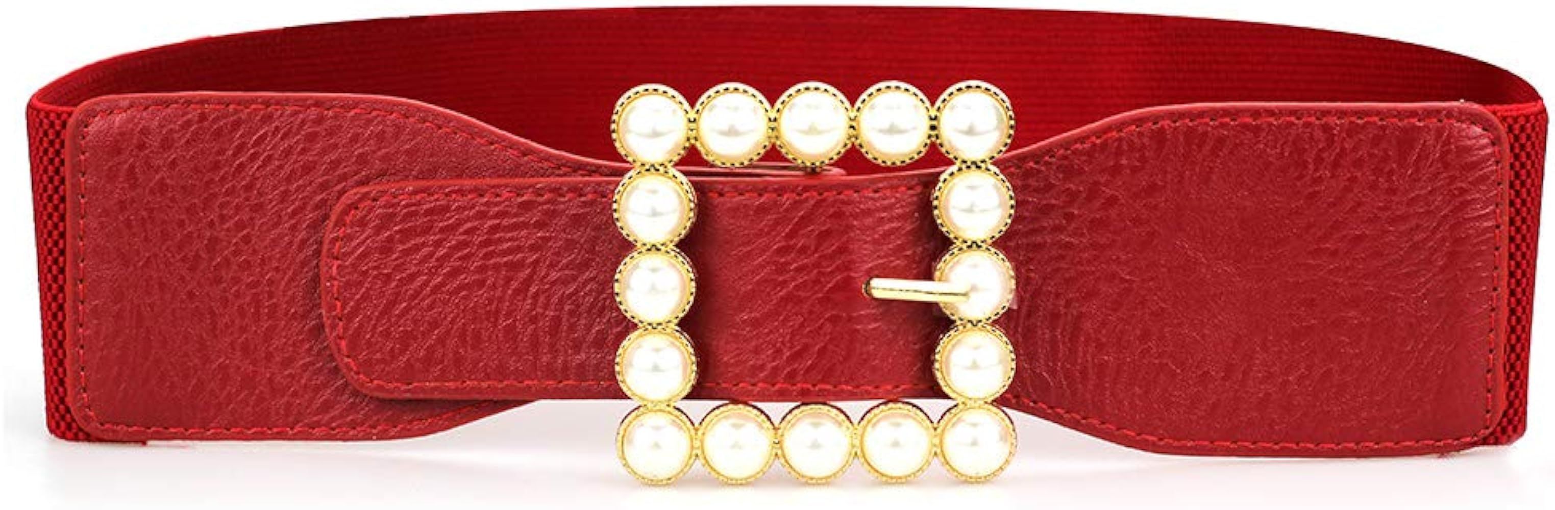Women's Pearl Crystal Rhinestone Western Designer Buckle Elastic Stretchy Wide Waist Cinch Belt F... | Amazon (US)