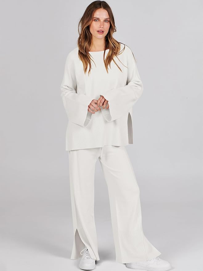 ANRABESS Womens 2 Piece Outfits Oversized Knit Sweater Set Wide Leg Pant Cozy Lounge Matching Paj... | Amazon (US)