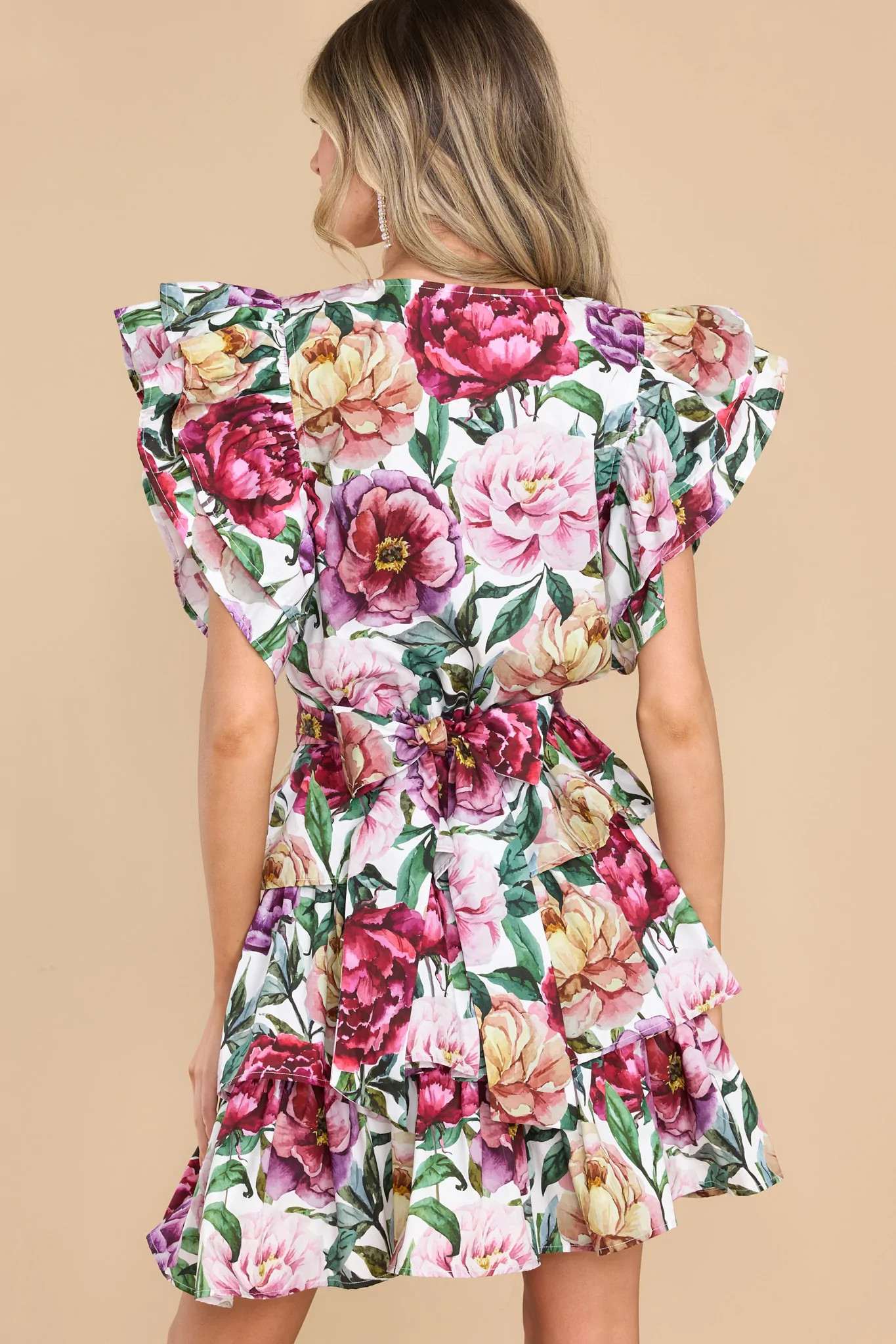 Garden Goddess Ivory Floral Print Dress | Red Dress 