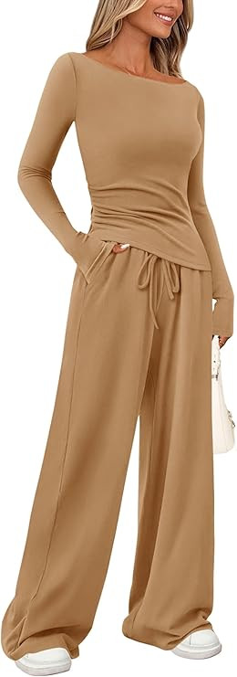 PRETTYGARDEN Women's 2 Piece Lounge Sets Asymmetrical Long Sleeve T Shirt Wide Leg Pants Casual O... | Amazon (US)