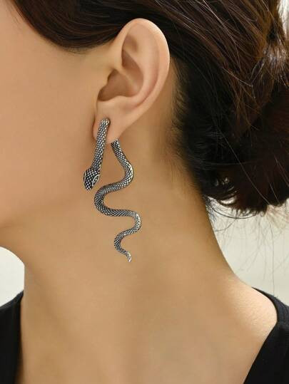 1 Pair High-End Snake Shaped Earrings, UV-Resistant Electroplated Silver-Tone Quality Earrings, Punk Halloween Decor | SHEIN