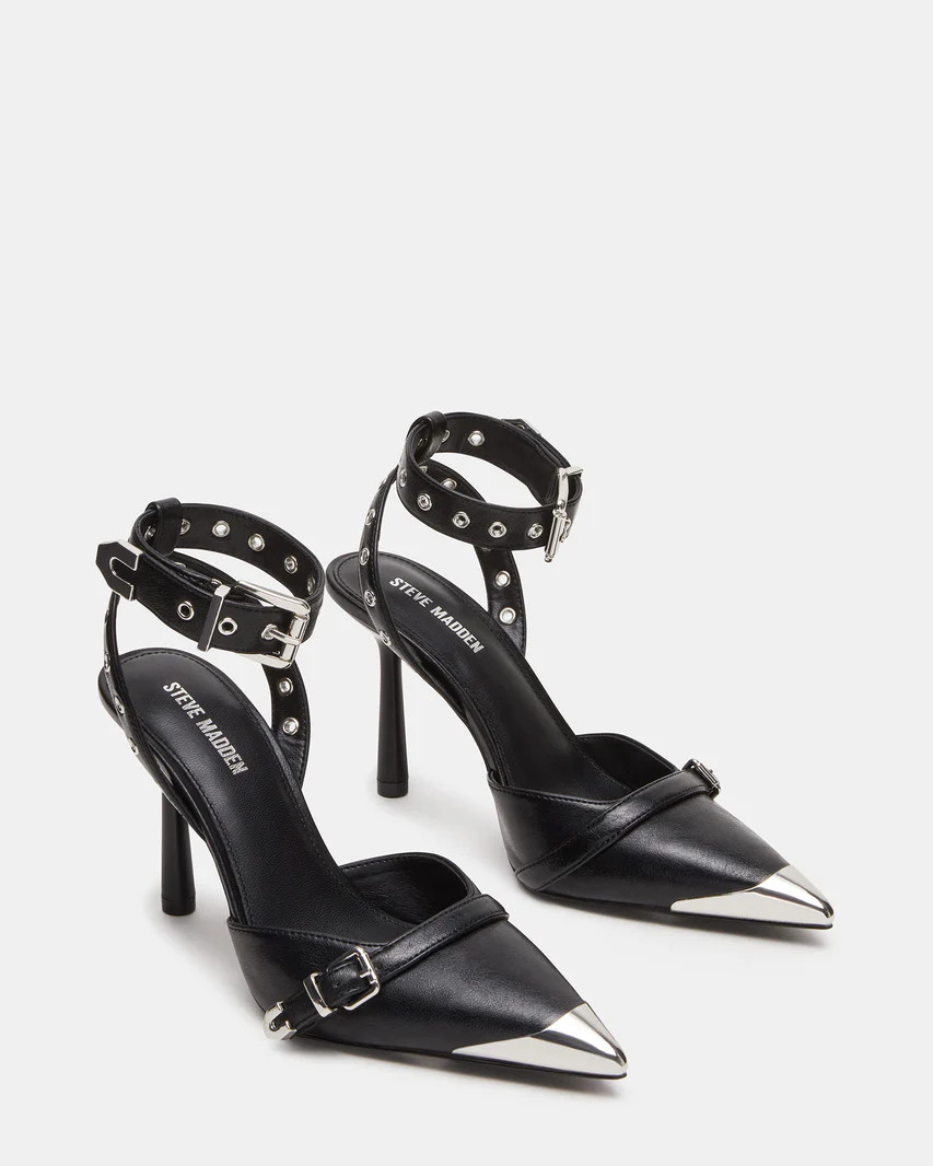 ASTRA Black Pointed Toe Moto Pump Heel | Women's Heels | Steve Madden (US)