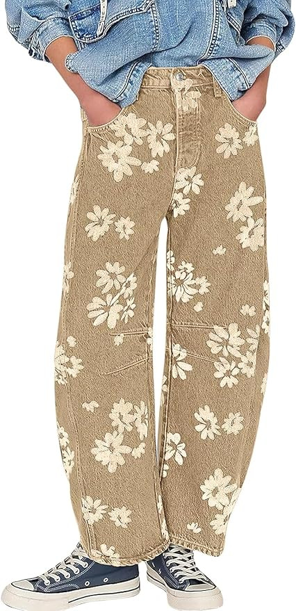 ebossy Women's Retro Floral Print Barrel Jeans Mid Rise Wide Leg Baggy Boyfriend Horseshoe Denim ... | Amazon (US)