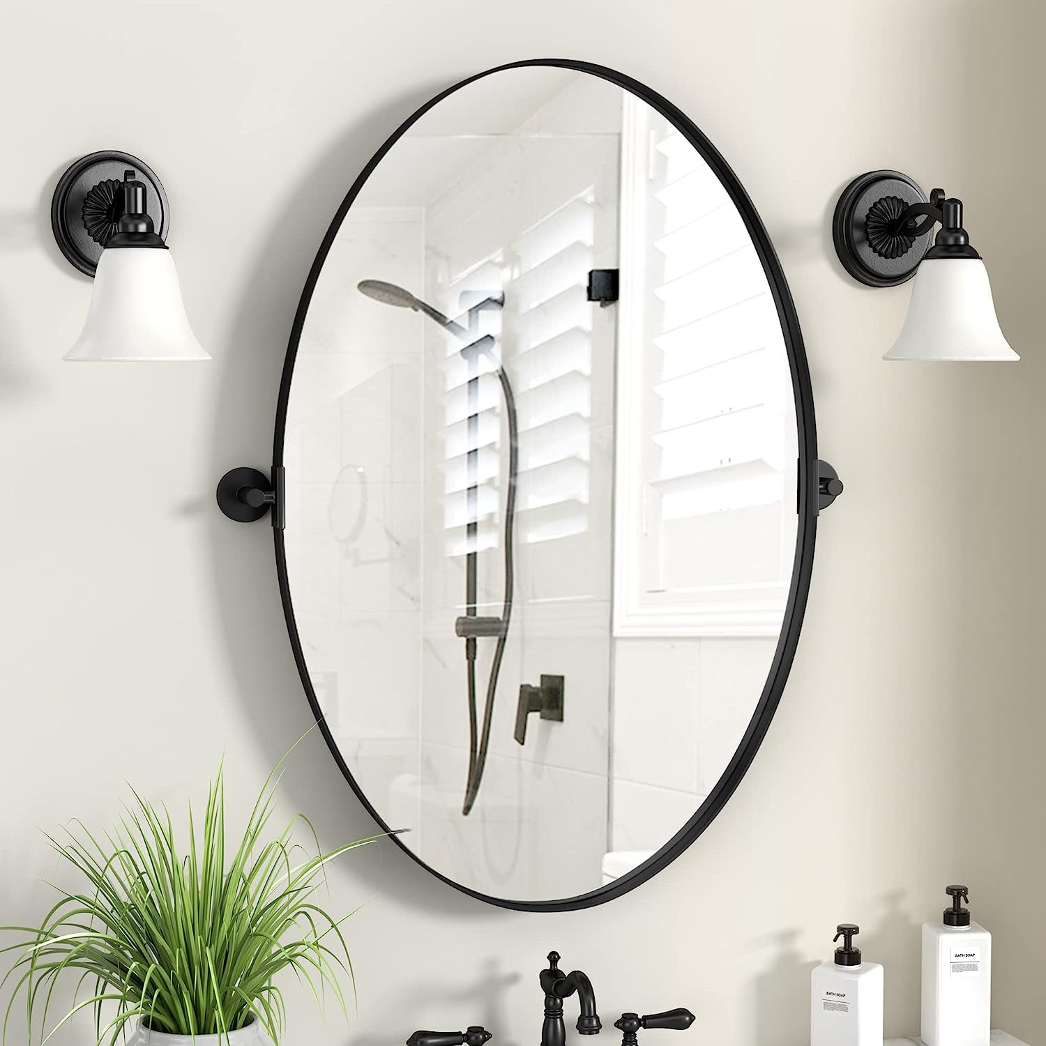 HMANGE Pivot Bathroom Mirror 18 x 28 Inch Matte Black Metal Frame Oval Mirror for Bathroom Tiltin... | Amazon (US)