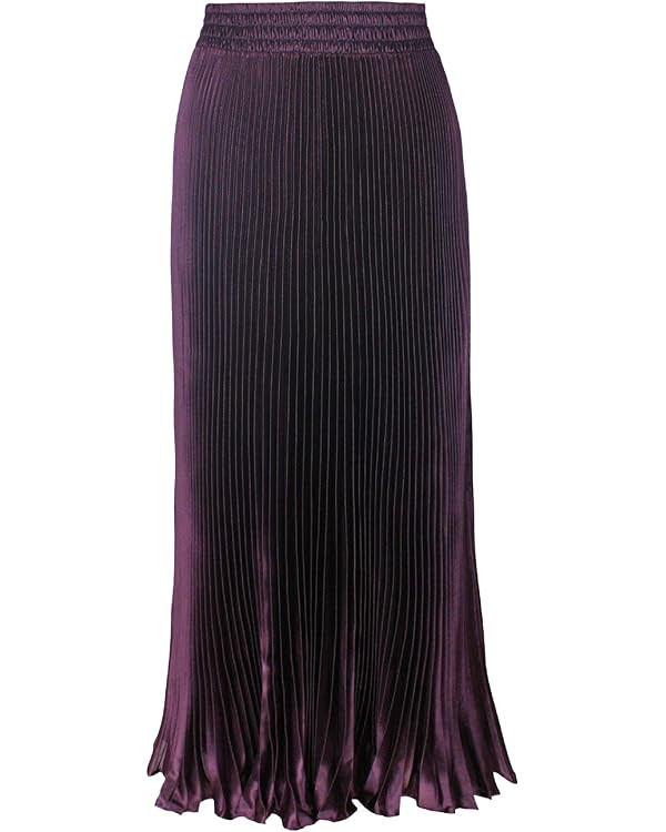 ebossy Women's Elastic Waist Satin Metallic Pleated Long Swing Skirt | Amazon (US)