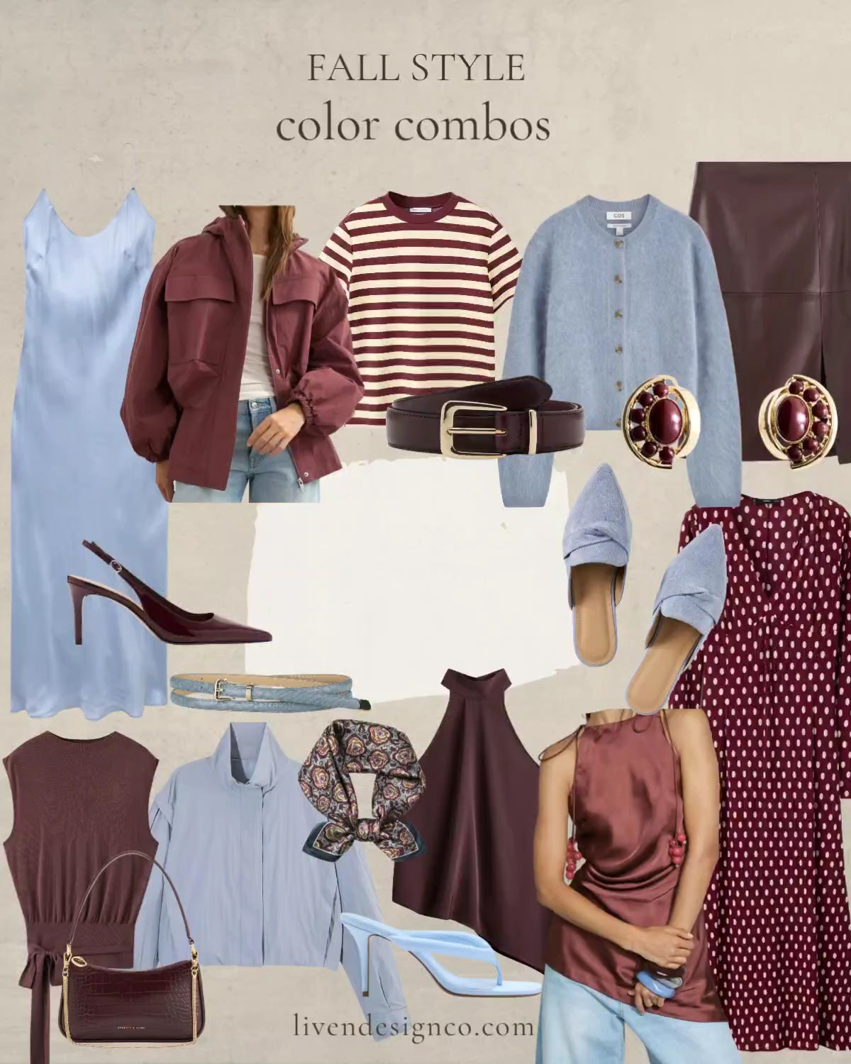 Fall fashion style. Fall outfits. Womens outfits. Style inspiration. Burgundy and light blue. Maroon. Blue suede. Burgundy handbag. Mules. Blue mules. Burgundy satin top. Silk scarf. Burgundy belt. Amazon fashion. Mango. Nordstrom. Cos. Cozy sweater. Powder blue. Anorak. Statement earrings. Striped tee. Midi dress. Bomber. Kitten heels. Draped top. Asymmetrical top. 

 #LTKSeasonal #LTKSaleAlert