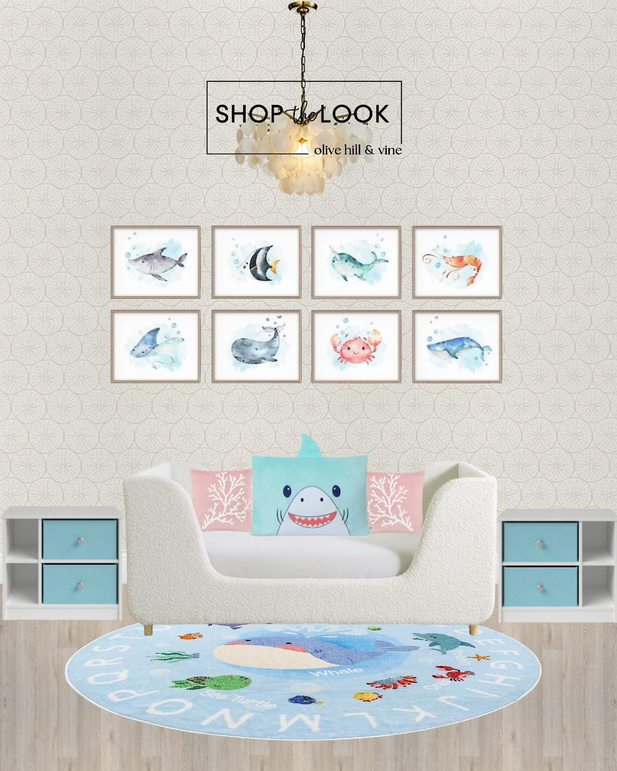 Dive into the magic of the sea with this ocean-themed kid’s room! A plush velvet daybed with rounded corners, bold blue nightstands, a capiz chandelier, ocean ABC rug, and sand dollar wallpaper set the stage. Bob the Shark pillowcase from Saint Eve Kids steals the show! 

#LTKFamily #LTKHome #LTKKids