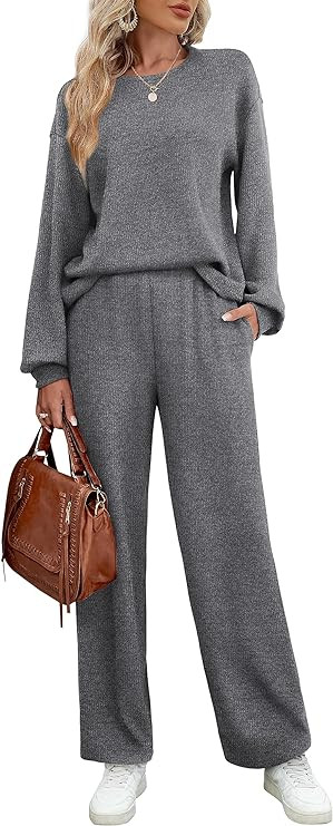 WIHOLL Womens Sweatsuits Sets Long Sleeve Crewneck Top Wide Leg Pants Two Piece Outfits | Amazon (US)