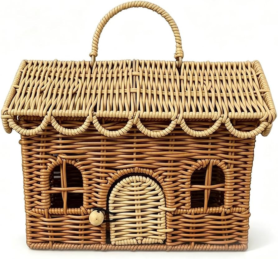 Wicker House Shaped Basket with Lid, Rattan Storage Basket for Kids Picnic or Small Dollhouse, De... | Amazon (US)
