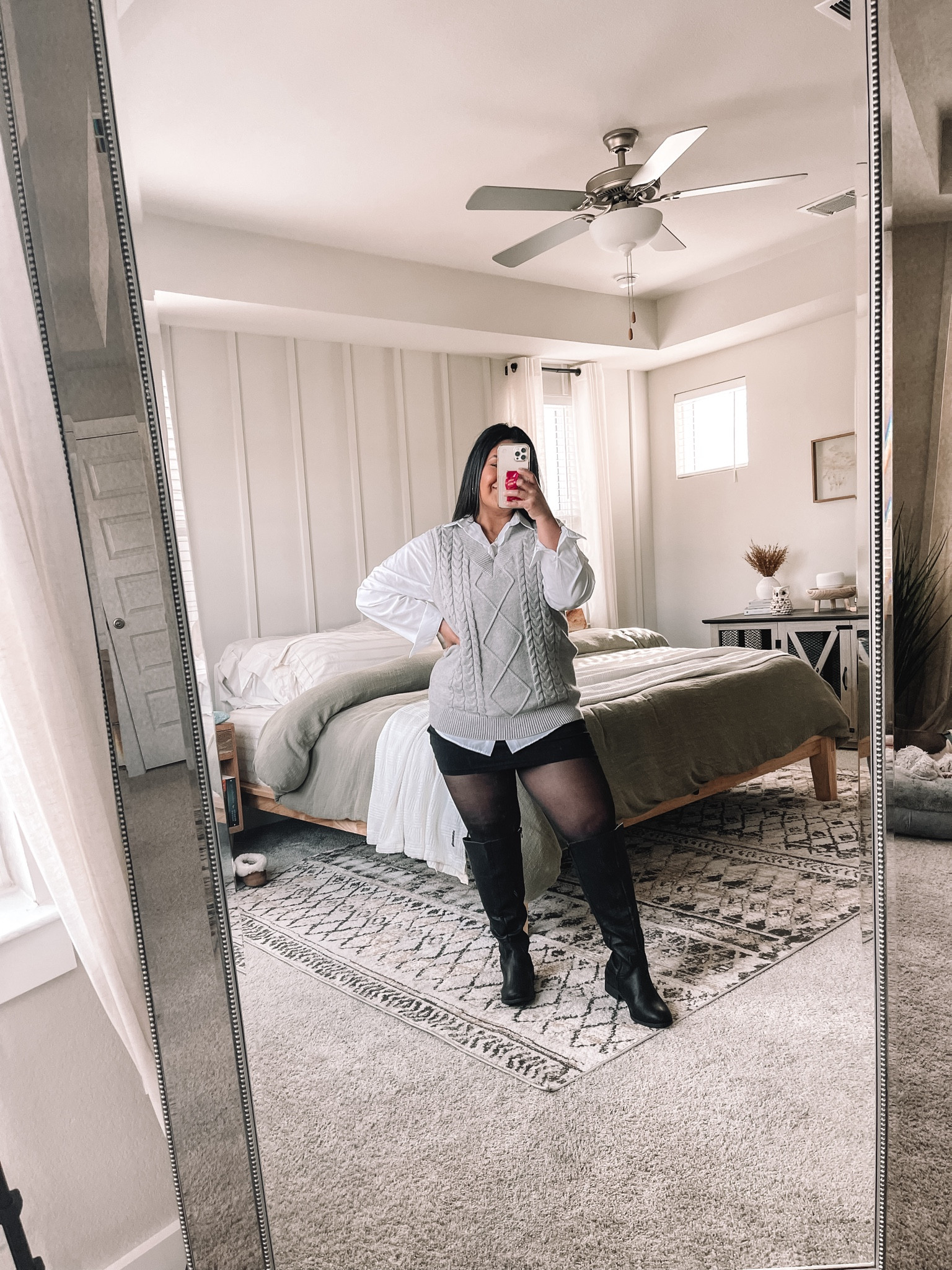 Amazon outfit! Size L in the button up & vest. XL in the skirt (I sized up for my thighs). Boots true to size and fit my 17” calves with a little extra room!! 

#LTKfindsunder50 #LTKshoecrush #LTKmidsize