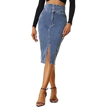 Allegra K Women's Jean Skirts Casual High Waist Split Hem Pencil Denim Skirt | Amazon (US)