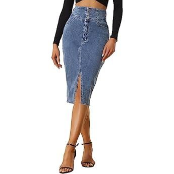 Allegra K Women's Jean Skirts Casual High Waist Split Hem Pencil Denim Skirt | Amazon (US)