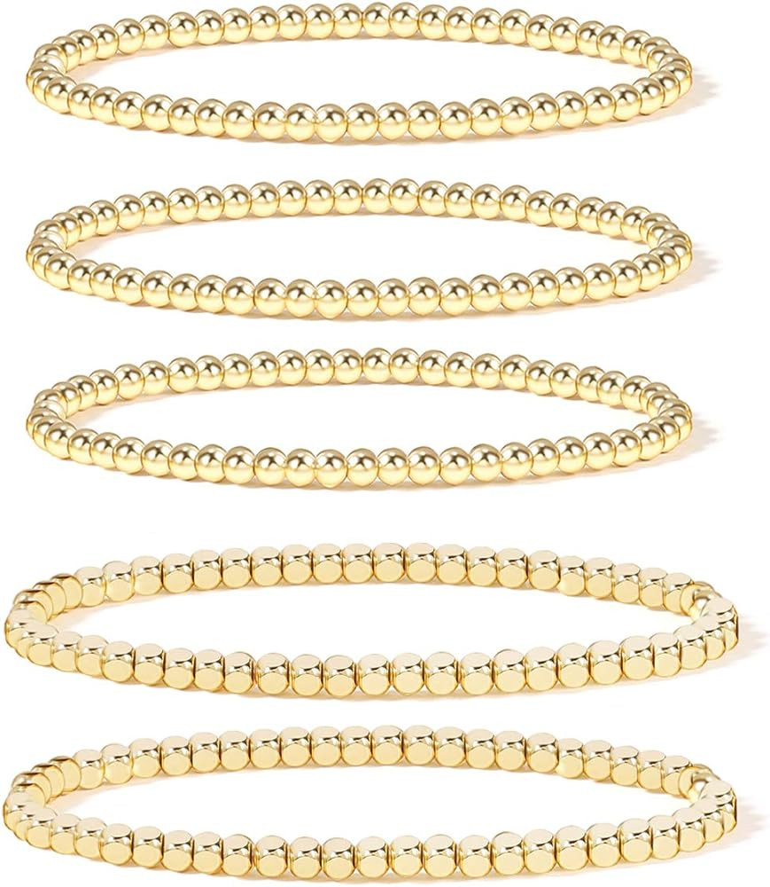 Gold Bead Bracelet for Women,14K Gold Plated Bead Ball Bracelet Stretchable Elastic Bracelet | Amazon (US)