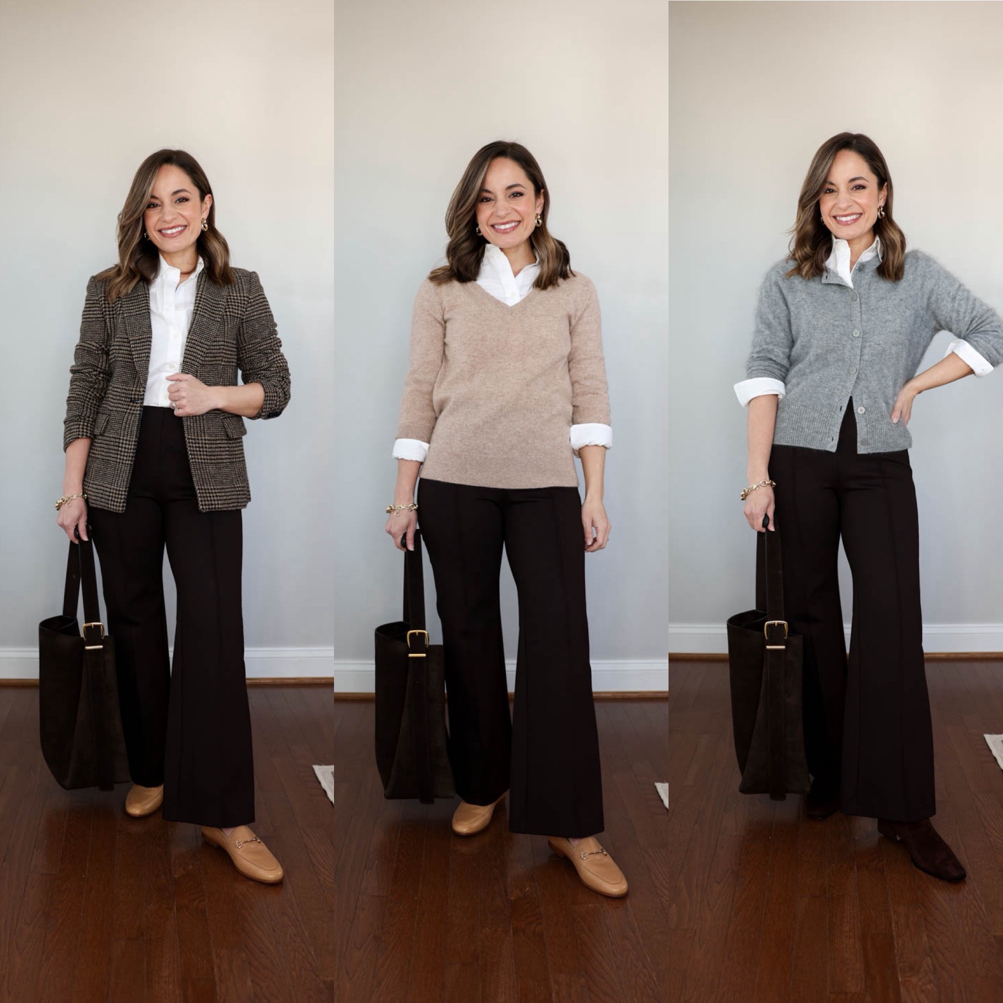 Winter workwear capsule wardrobe series: brown pants eight ways!

Brown pants (Banana Republic): xs (10” rise, 26.5” inseam) 

7 tops 
Tan V-neck cardigan (Quince): xs in oatmeal 
Green sweater (J.Crew Factory): xxs
Black cardigan (Gap): xxs (recommend a size up) 
Mauve cardigan (Madewell): xxs 
Gray cardigan (Quince): xs 
Taupe cardigan (Quince): xxs in nomad taupe 
White button down (J.Crew Factory): petite xxs 

3 base layers 
Brown top (Amazon): xs 
Black turtleneck (J.Crew Factory): xxs 
White top (Quince): xs 

3 blazers 
Plaid blazer (BR Factory): petite 00 (mostly sold out in petite) 
Tan blazer (J.Crew): petite 00 
Brown blazer (Banana Republic): petite xxs (recommend a size up) 

My measurements for reference: I’m 4’10” and 105lbs. My bust, waist, and hip measurement is 32”, 24”, and 36”.

#LTKWorkwear #LTKPetite
