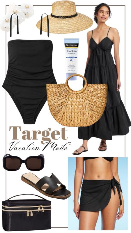 Target vacation mode
Black summer dress
Raffia hat
Raffia basket
Sunglasses 
Black One piece swimsuit 

#LTKFindsUnder100 #LTKStyleTip