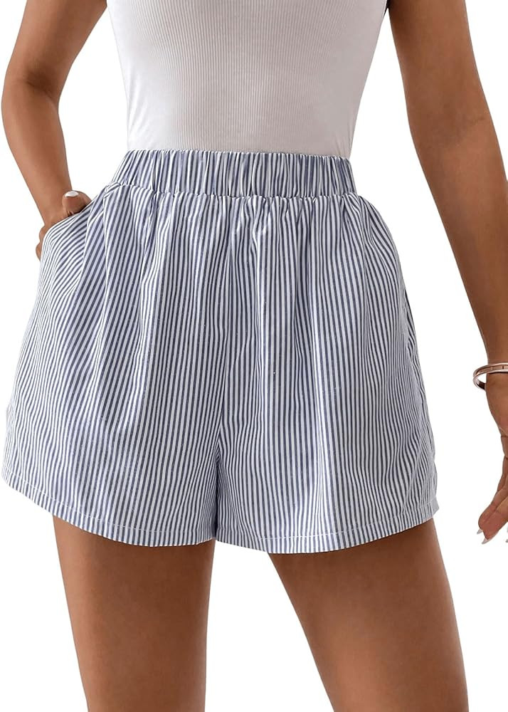 Floerns Women's Striped Print Elastic High Waist Wide Leg Casual Shorts | Amazon (US)