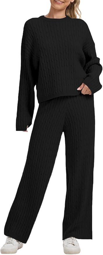 AnotherChill Women's Cable Knit Sweater Lounge Set – Long Sleeve Pullover Top with Wide Leg Pan... | Amazon (US)