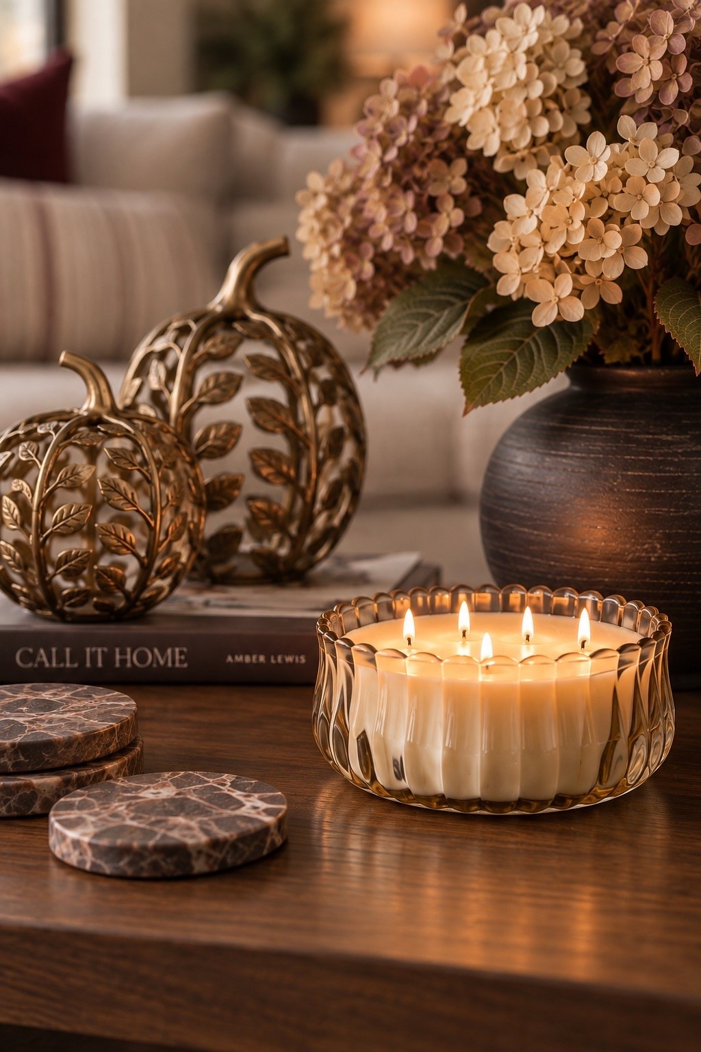 Fall coffee table decor ideas using Walmart, Amazon + Target finds 🤎 I love how these affordable home decor pieces came together! Brass pumpkins, a coffee table book, hydrangea stems, a ceramic vase and cozy candle create an easy elevated fall coffee table without going overboard on seasonal decor.

#LTKSaleAlert #LTKSeasonal #LTKootd