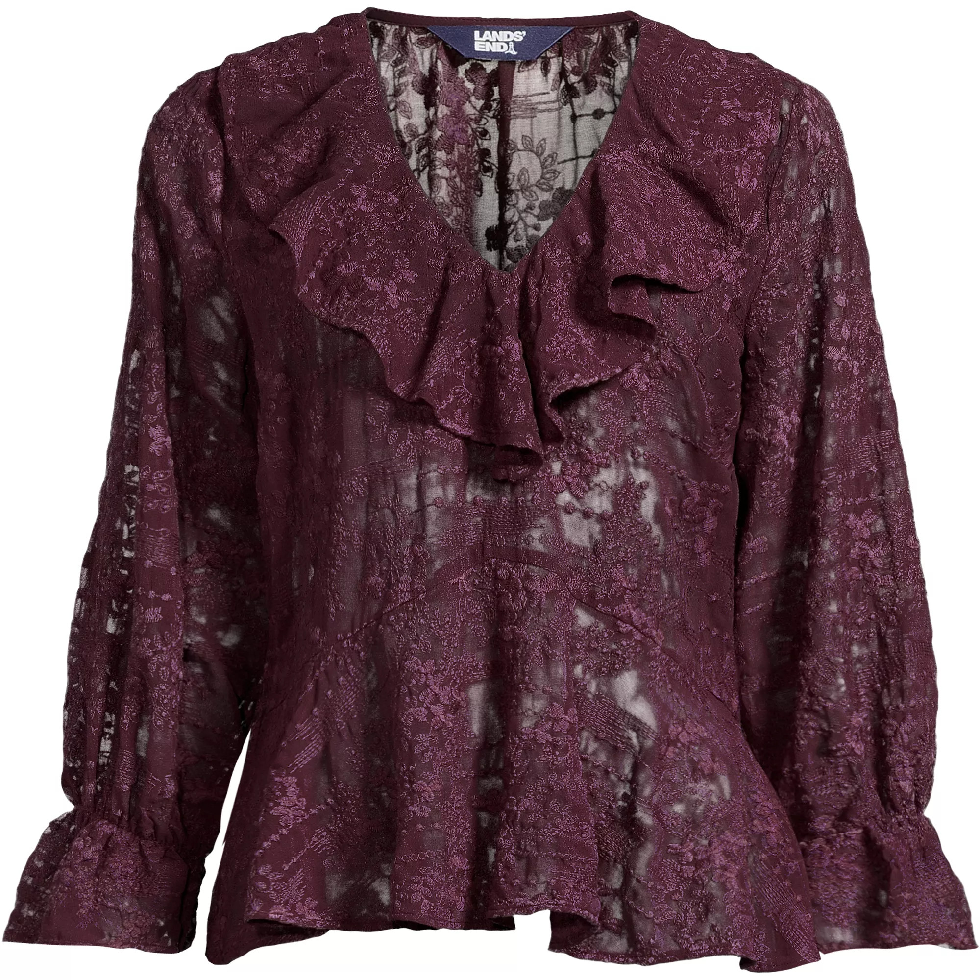 Women's Feminine Ruffle Chiffon V Neck Blouse | Lands' End (US)