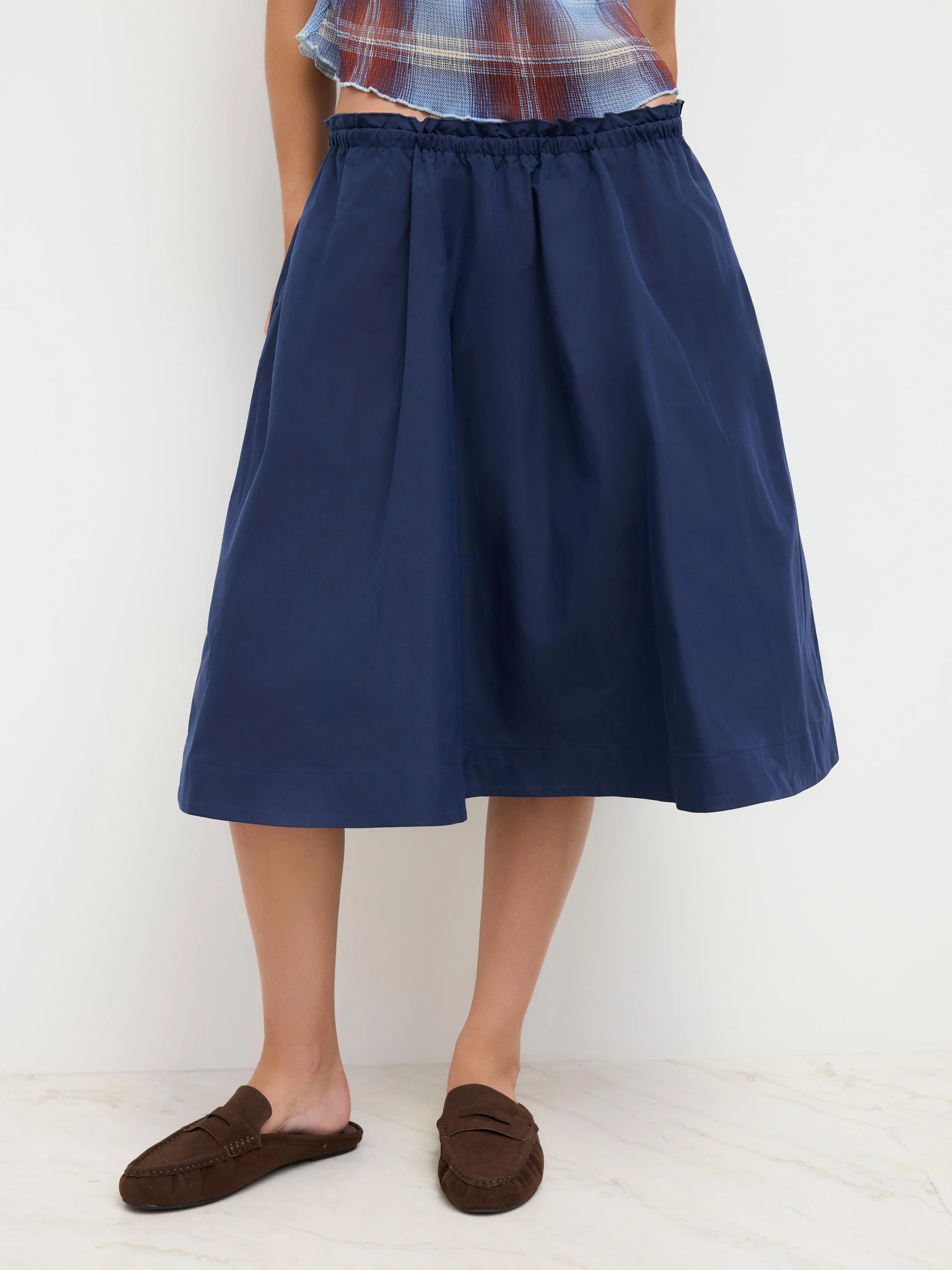 Woven Mid Rise Elastic Waist Lettuce Trim Ruffle Hem Midi Skirt For Daily Casual Work | Cider