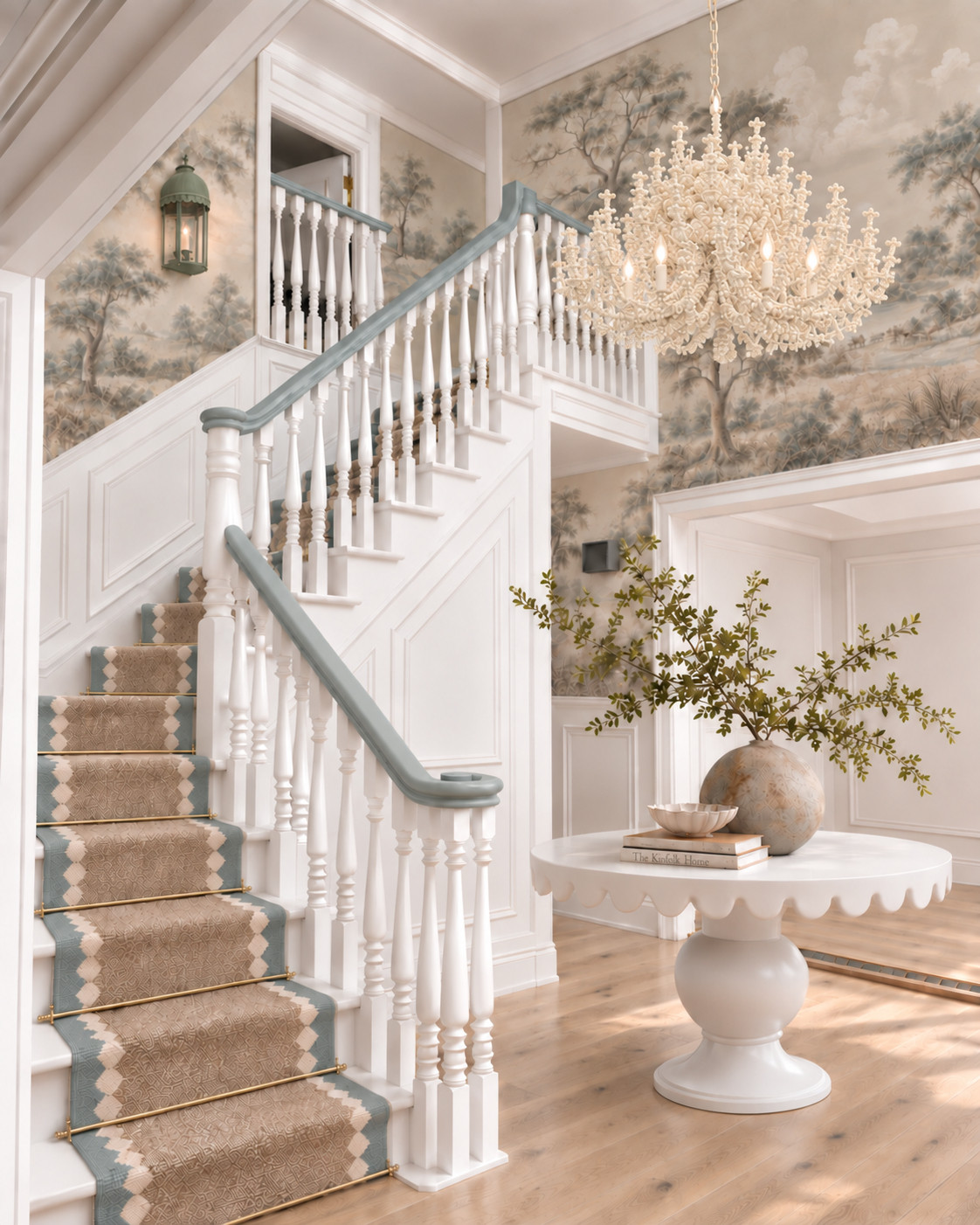A staircase is more than a transition between floors—it can become a defining design feature. A fresh paint color on the railing can completely shift the feeling of an entry, especially when layered with the right runner, wallpaper, and lighting. A LEO rendering helps you envision the transformation before making a single change. 

 #LTKHome