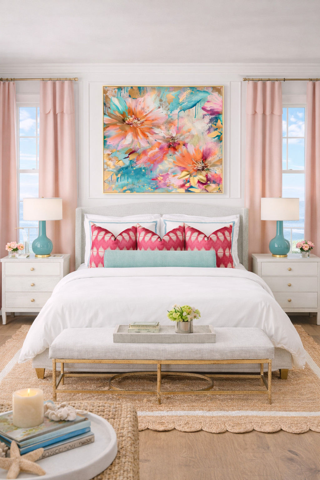 colorful bedroom decor, floral wall art, statement artwork, bold feminine bedroom, pink and turquoise bedroom, coral and teal decor, coastal glam bedroom, beach house chic, preppy coastal decor, palm beach style, southern charm bedroom, gold accents, brass hardware, chic nightstand styling, bedside table decor, layered bedding, patterned pillows, ikat pillows, blush curtains, symmetrical bedroom design, woven jute rug, scalloped rug detail, light and airy bedroom, ocean view bedroom, seaside home decor, bright and happy home, resort style bedroom, glam coastal, feminine home decor, sorority girl bedroom, dorm room inspiration, college apartment decor, bama dorm inspo, university of alabama style, preppy dorm decor, chic apartment bedroom, target home finds, amazon home favorites, pottery barn inspired, curated bedroom styling, aesthetic bedroom inspo, cozy but colorful, elevated dorm room, playful luxe decor, home styling ideas 

 

#LTKU #LTKHome #LTKSaleAlert