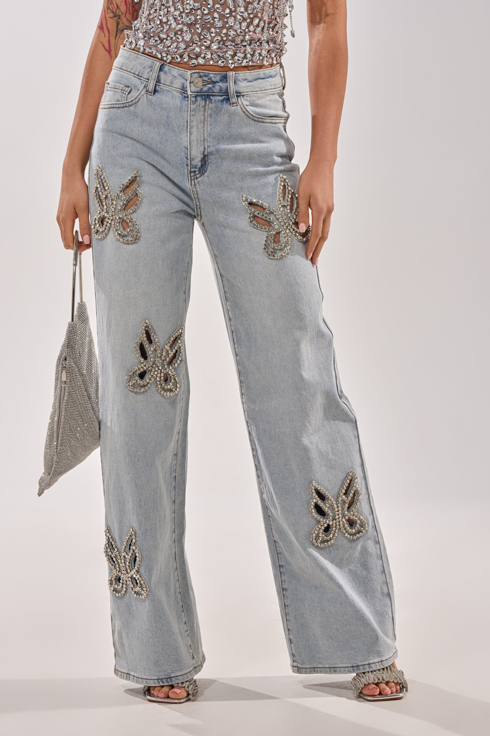 AKIRA Rhinestone Butterfly Cutout Denim Jeans | Light Blue | Size 27 | AKIRA