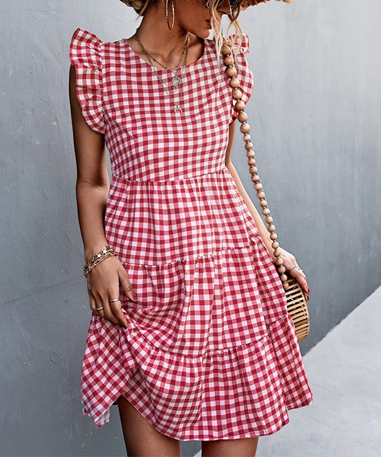 Romantichut Women's Casual Dresses red - Red & White Gingham Tiered Flutter-Sleeve Dress - Women | Zulily