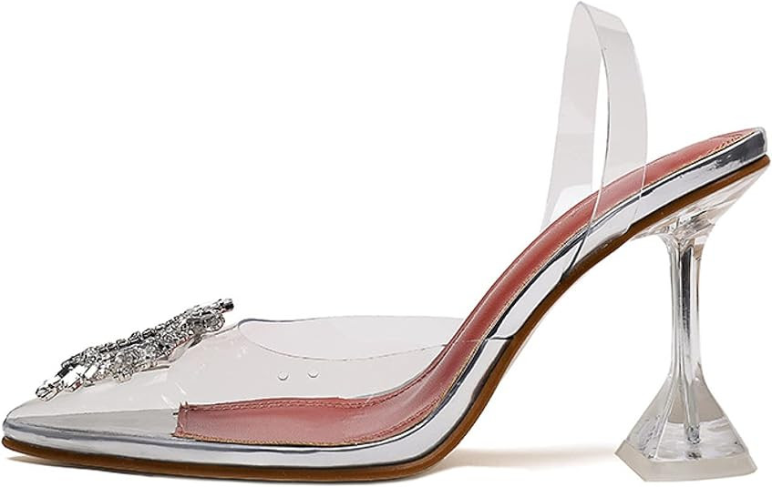 Elegant Stilettos High Heel Sandals for Ladies Ankle Strap Clear Transparent Pointed Toe Crystal ... | Amazon (US)