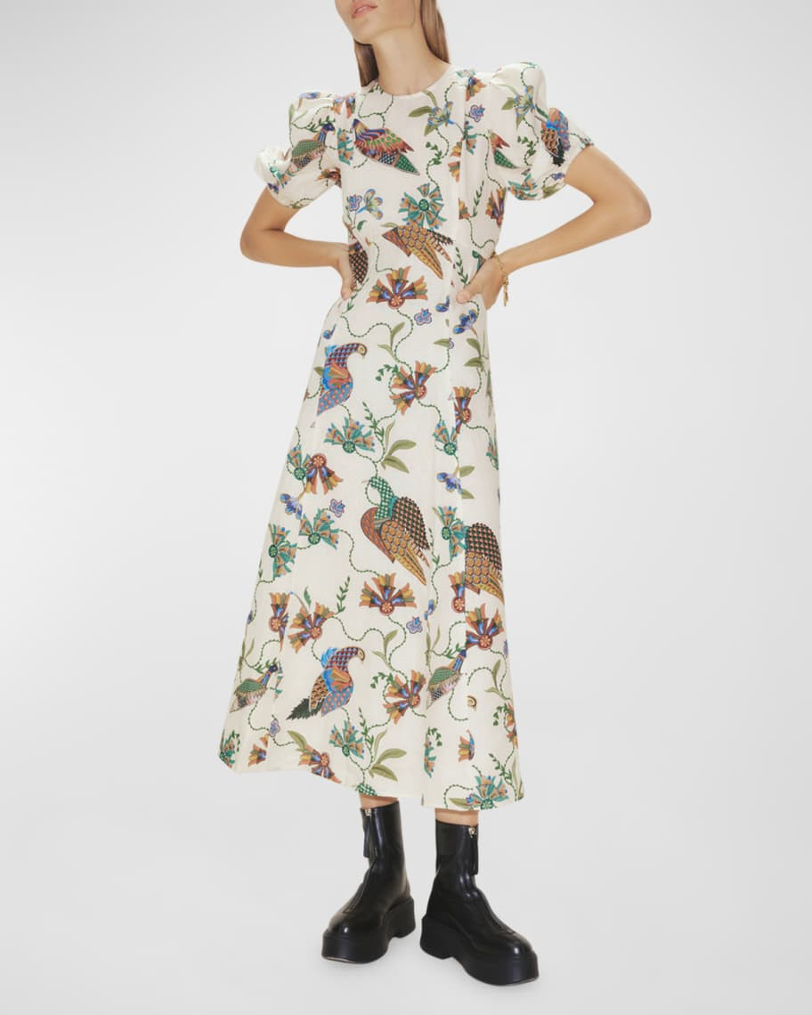 Birdie Printed Puff-Sleeve Linen Midi Dress | Neiman Marcus