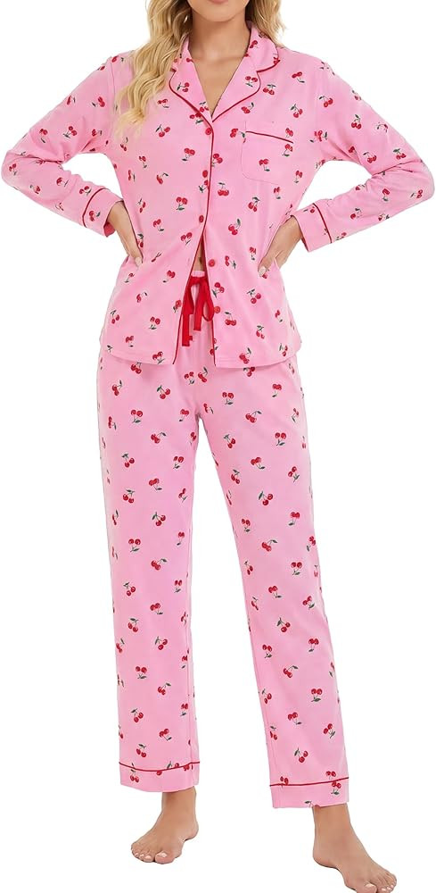 LUBOT 100% Cotton Pajamas for Women PJ Set Soft 2 Piece Ladies Button Knit Long Short Sleeve Slee... | Amazon (US)